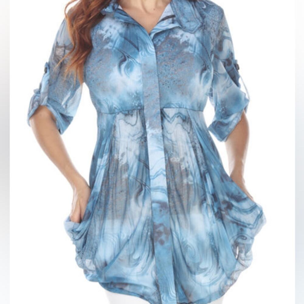 Lindi New Blue Stretch Tunic Top‎ Blue Marble Print Size XS